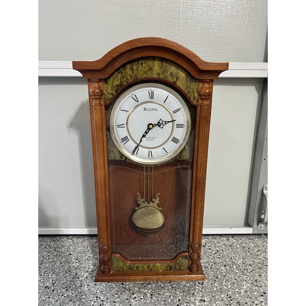 Bulova Westminster Chime Quartz Wall Clock Pendulum Wooden Case Vintage Untested